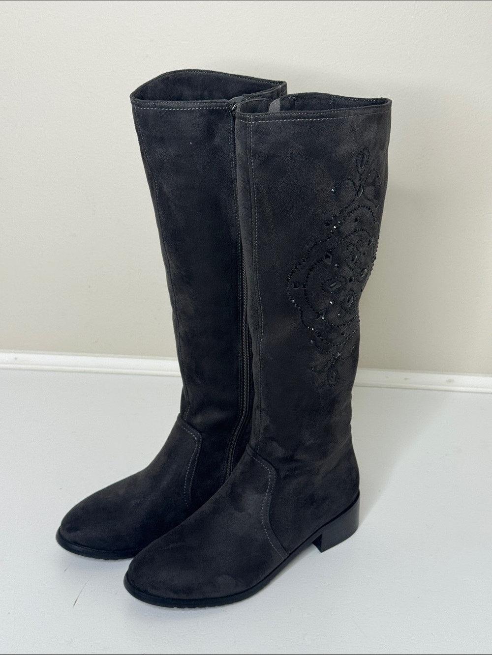 Tall Suede Knee-High Boots in Dark Gray